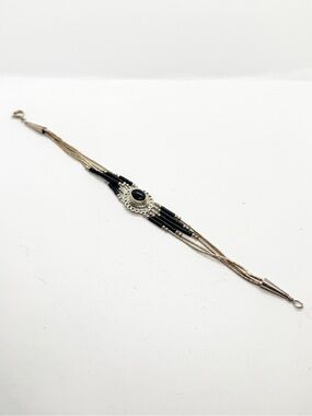 Vintage Native American Style Liquid Sterling Silver Strands Onyx Bracelet 7.5”